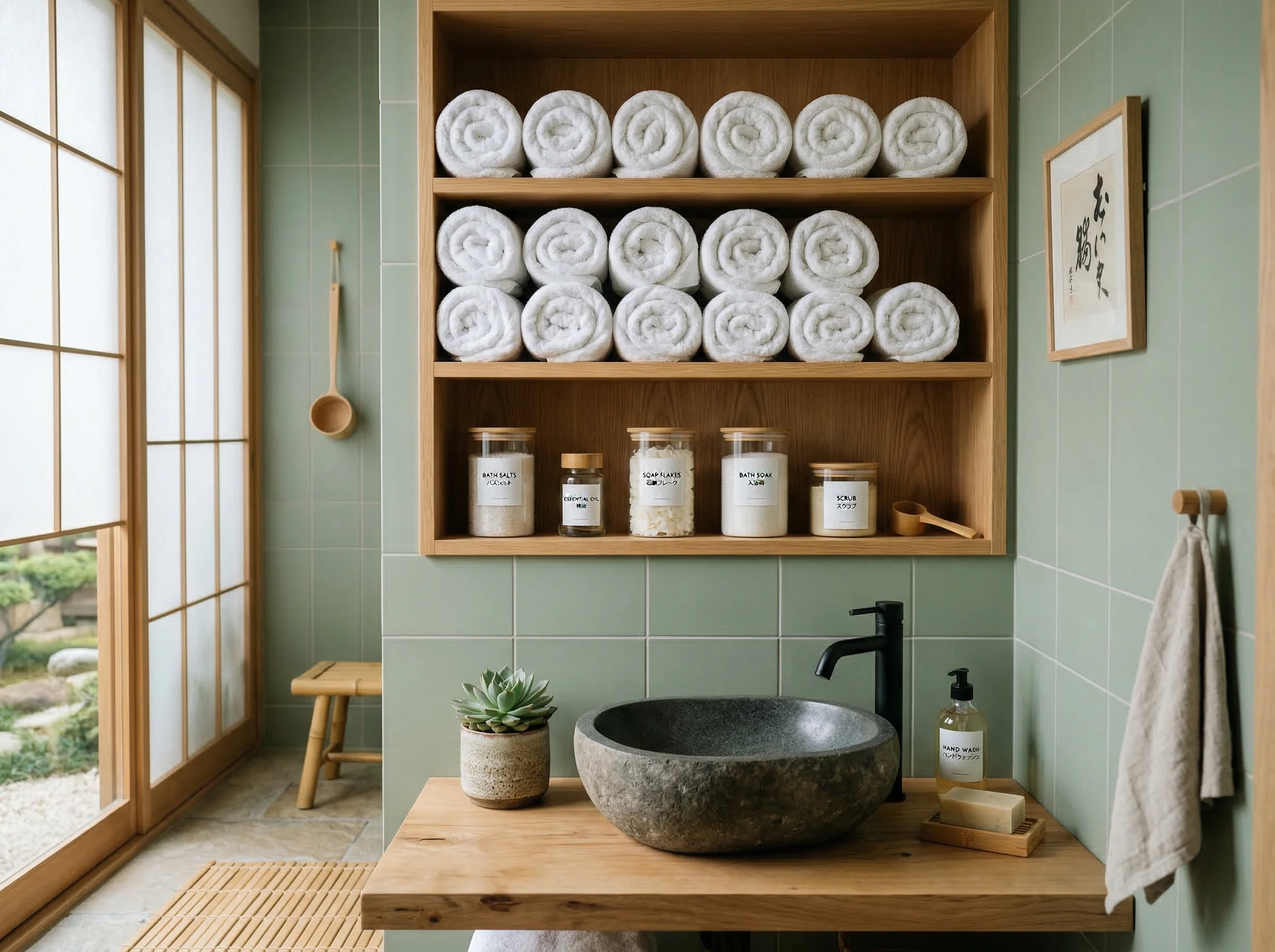 Japanese bathroom with neatly arranged towels and labeled glass containers