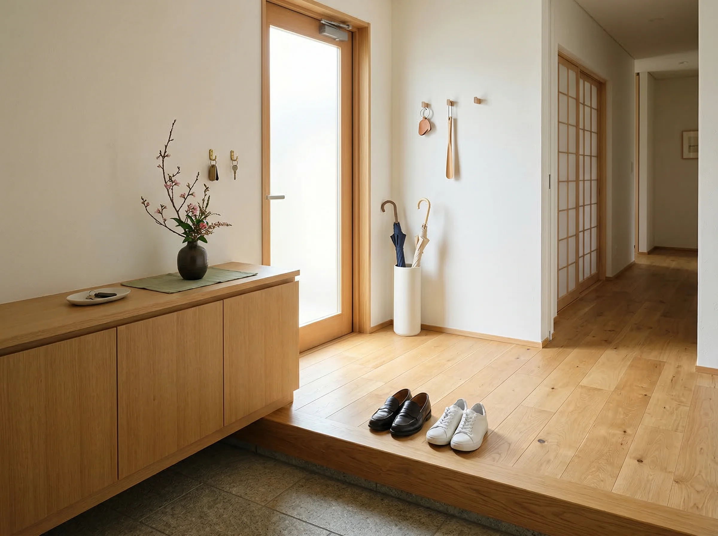 Organized Japanese genkan entryway with shoe cabinet and umbrella stand