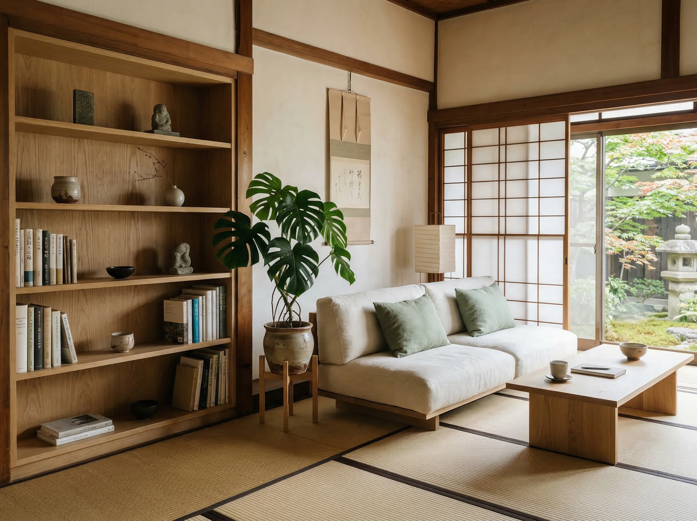 Serene Japanese living room with built-in shelving and curated decor