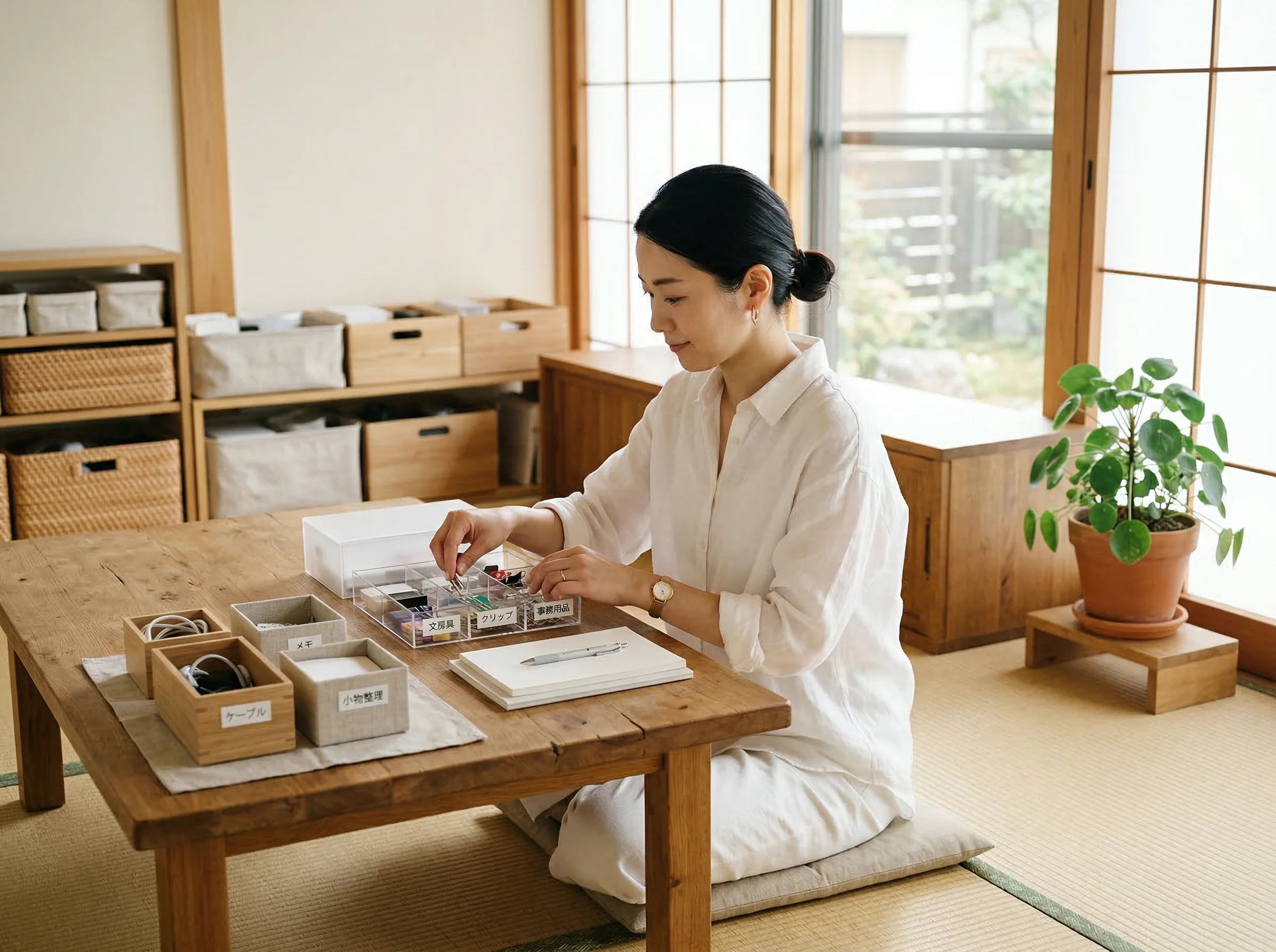 Professional organizer sorting items on a wooden table with labeled boxes in a bright Japanese room